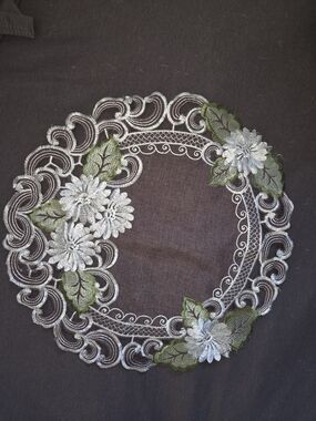 Embroidered White Floral Lace Doily with Green Leaves - Home Art